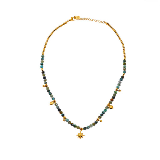 Style GITANJI 7871: Blue Turquoise Stones with Gold Beads & Charms Chain Necklace