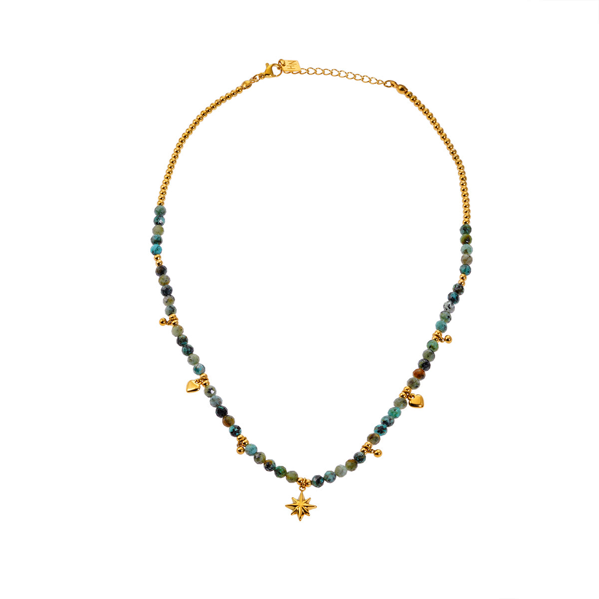 Style GITANJI 7871: Blue Turquoise Stones with Gold Beads & Charms Chain Necklace