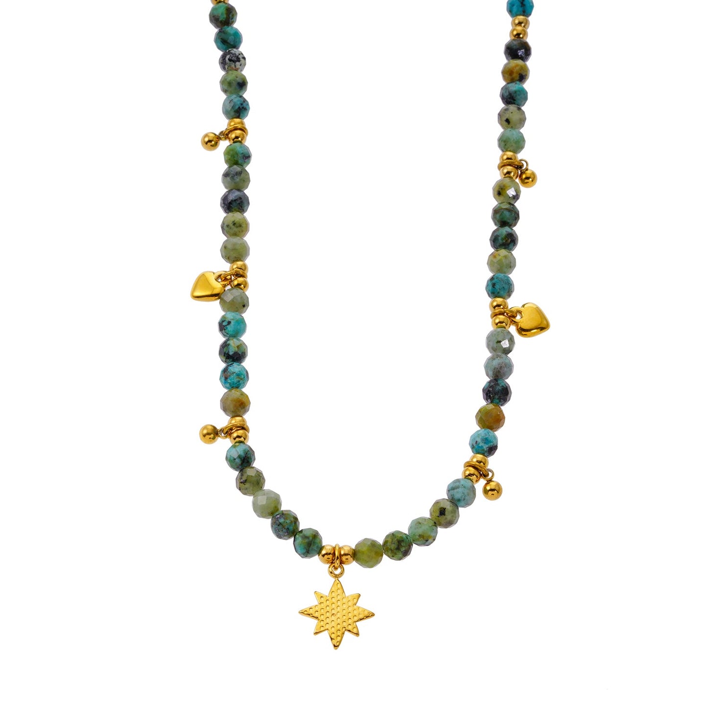 Style GITANJI: Blue Turquoise Stones with Gold Beads & Charms Chain Necklace