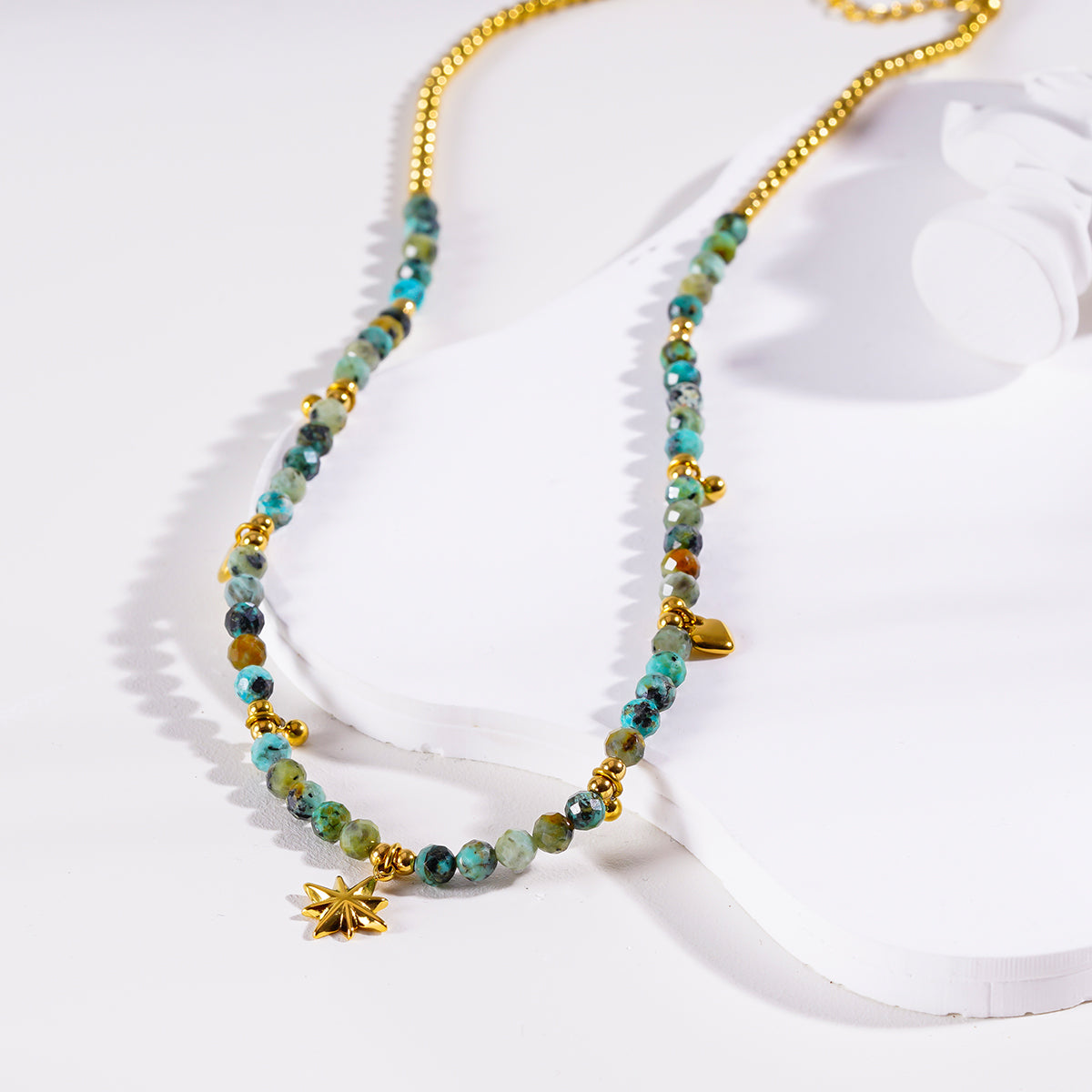 Style GITANJI 7871: Blue Turquoise Stones with Gold Beads & Charms Chain Necklace