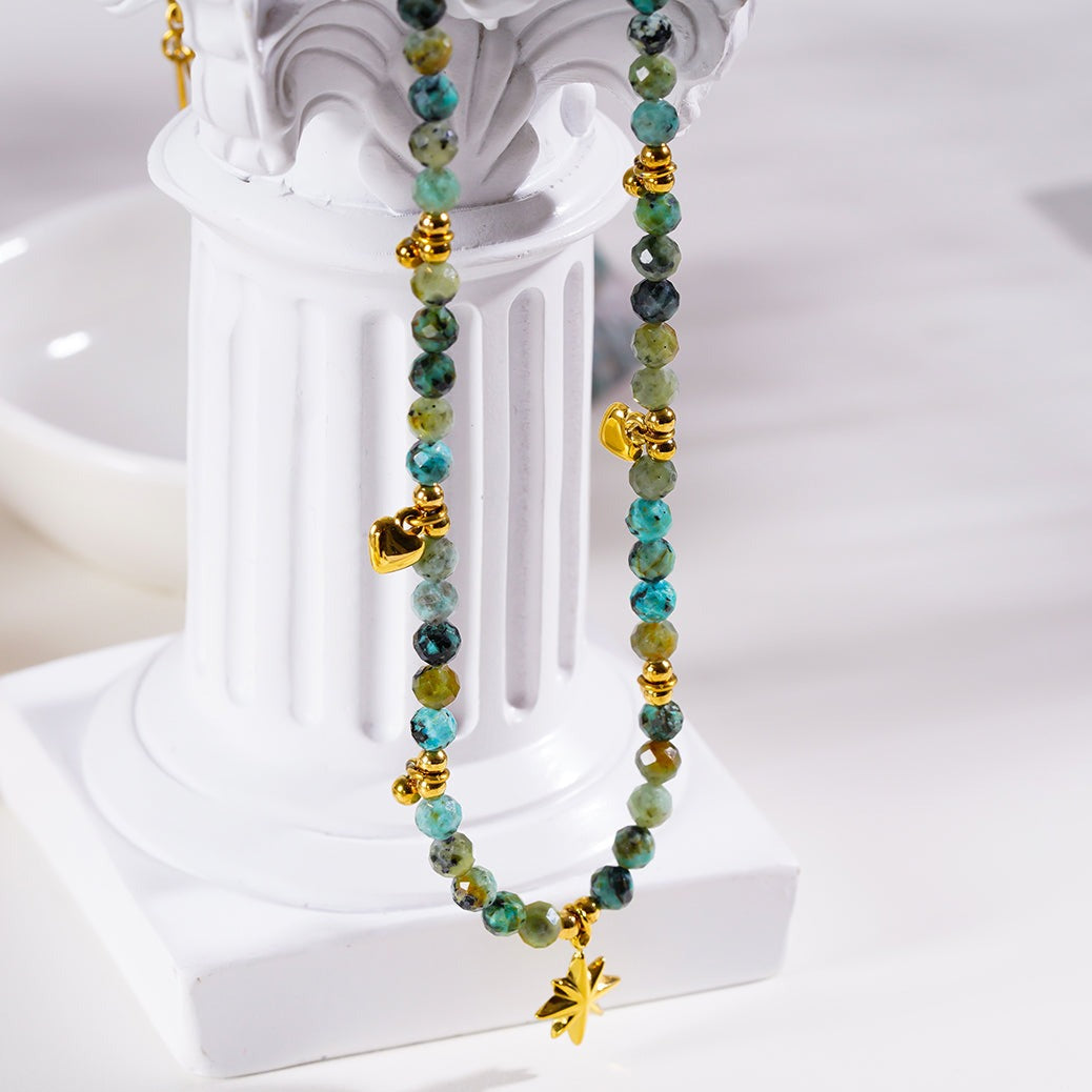 Style GITANJI 7871: Blue Turquoise Stones with Gold Beads & Charms Chain Necklace