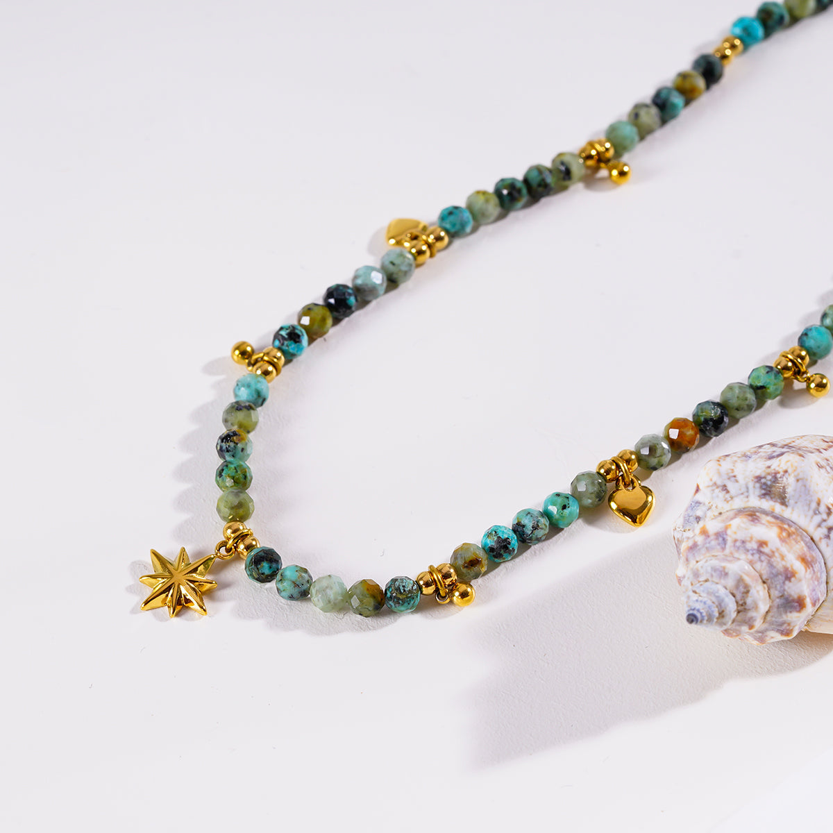 Style GITANJI 7871: Blue Turquoise Stones with Gold Beads & Charms Chain Necklace