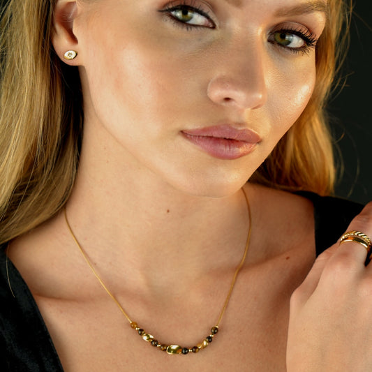 HAVANA Snake-Skin Textured Chain with Gold & Tiger's Eye Stone Charms