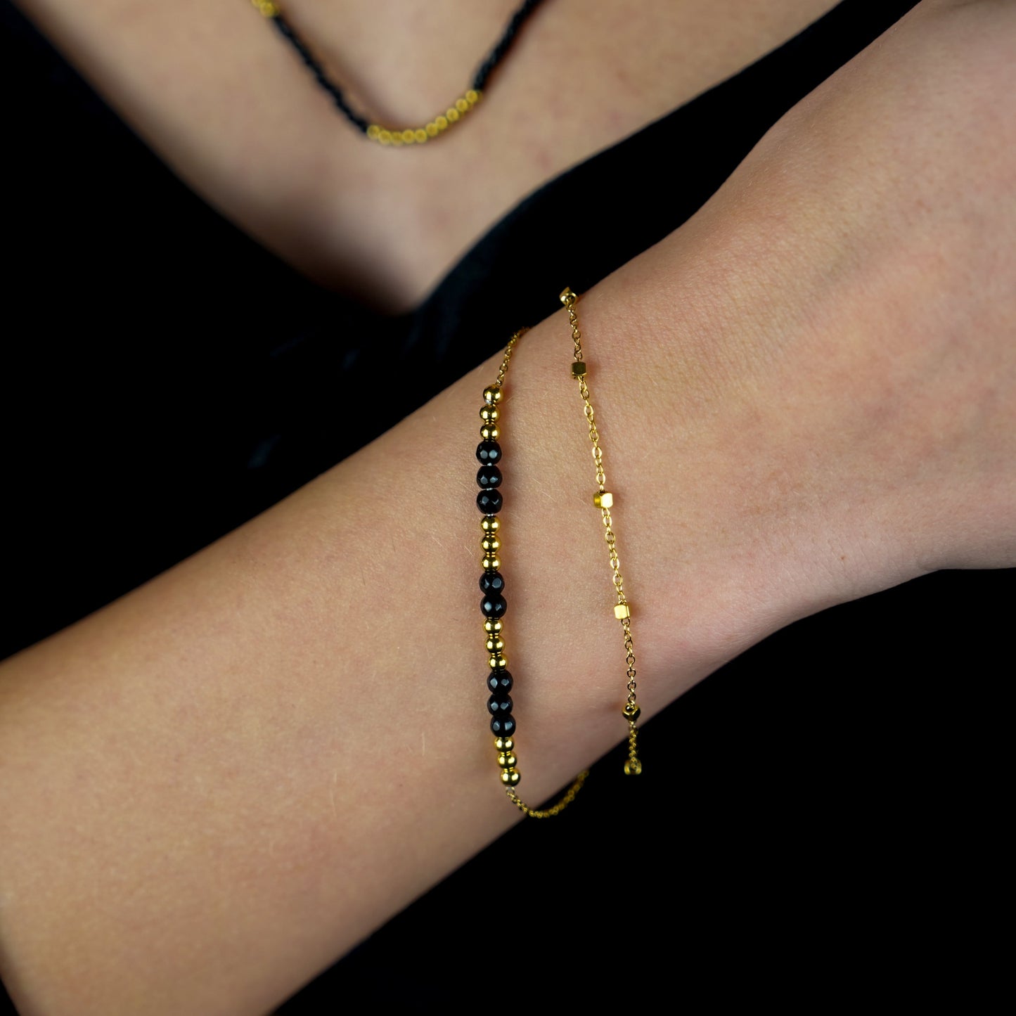 HILDA Two-in-One Square Beads & Round Beads in Black & Gold Bracelet.