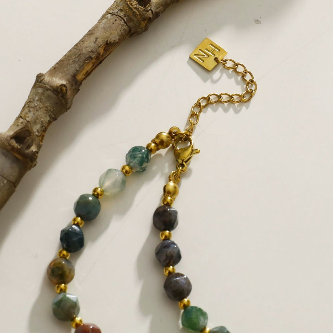 JULIETA Indian Agate Stones & Gold Beaded Chain Necklace