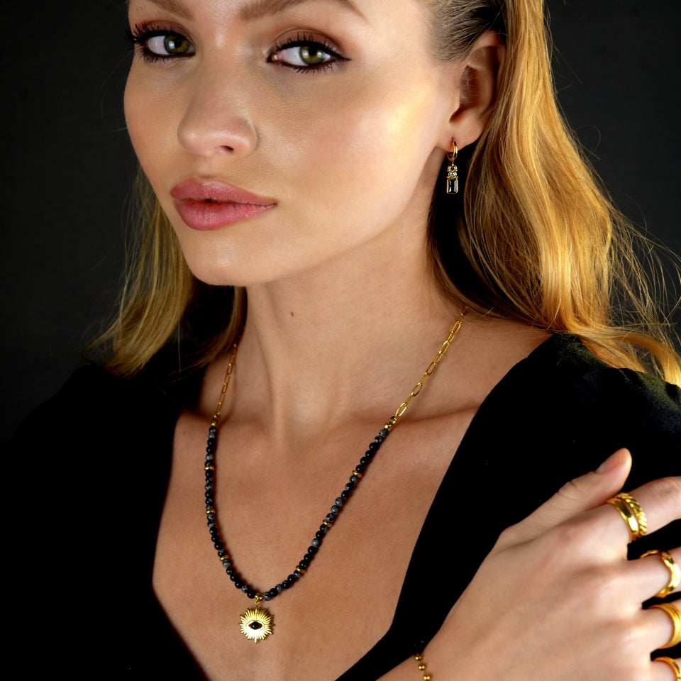 LILIANA Alabaster, Onyx & Gold Beaded Necklace with 'Evil Eye' Pendant