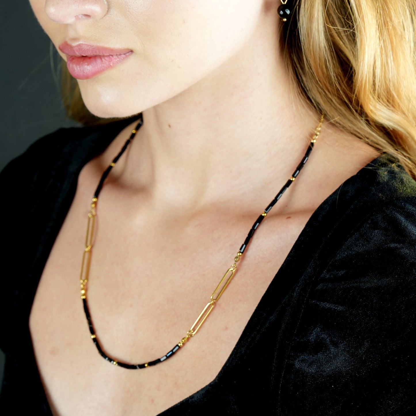 LORENA Black & Gold Beaded Paperclip Chain Necklace