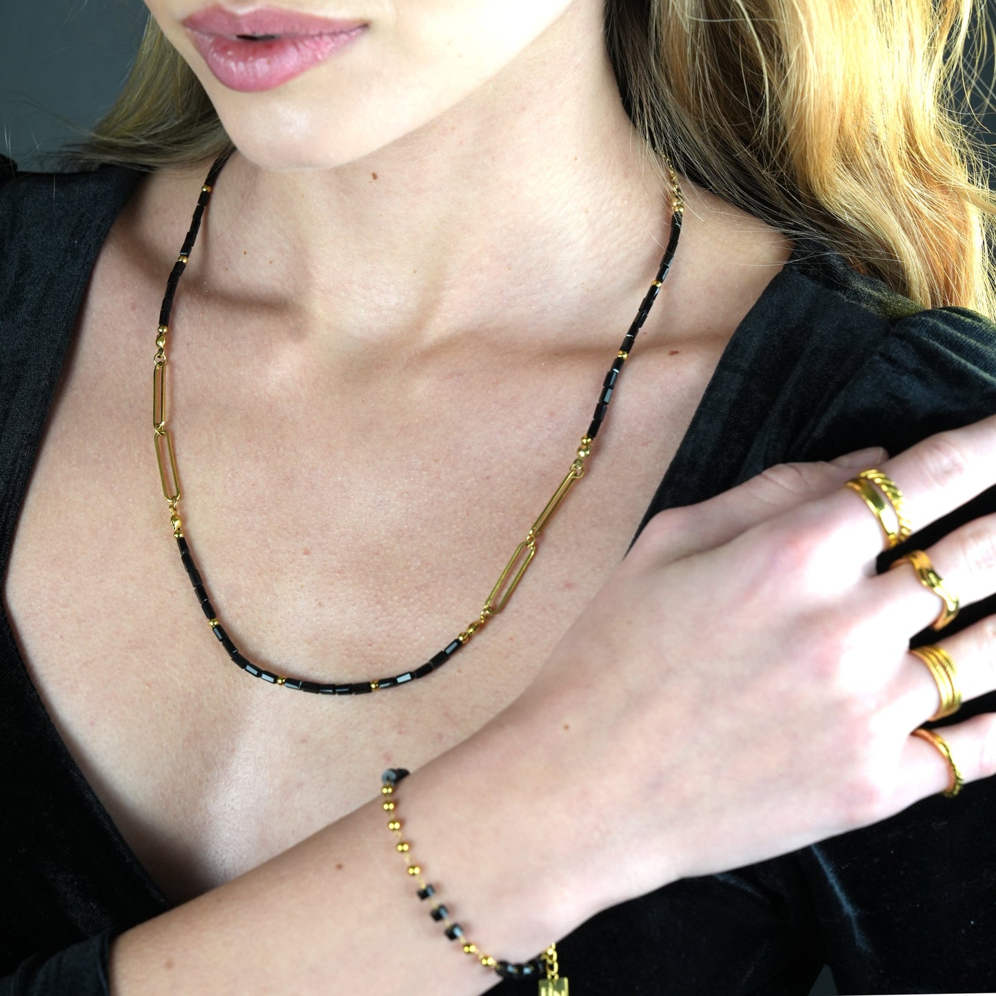 LORENA Black & Gold Beaded Paperclip Chain Necklace