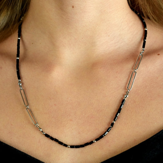 LORENA Black & Silver Beaded Paperclip Chain Necklace