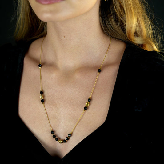 MARA Black Obsidian & Gold Beaded Chain Necklace