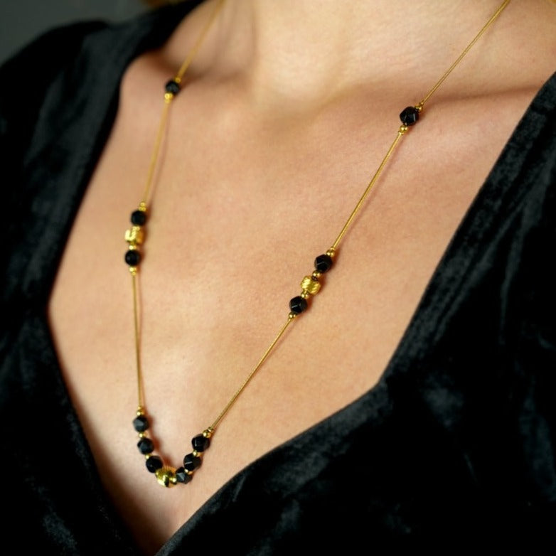 MARA Black Obsidian & Gold Beaded Chain Necklace