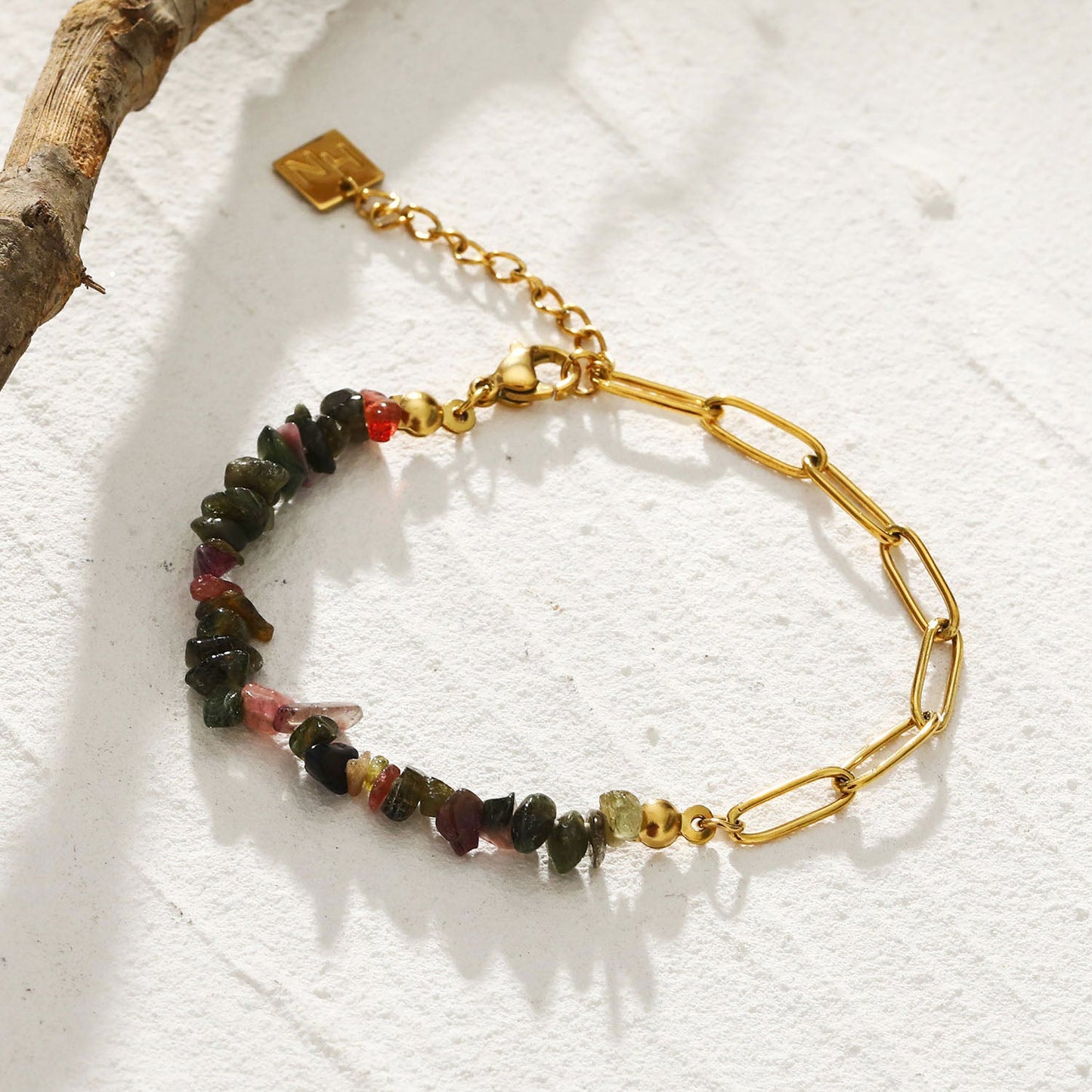 GIRADOT Paper-Clip Linked Chain & TOURMALINE Gemstones Combination Bracelet