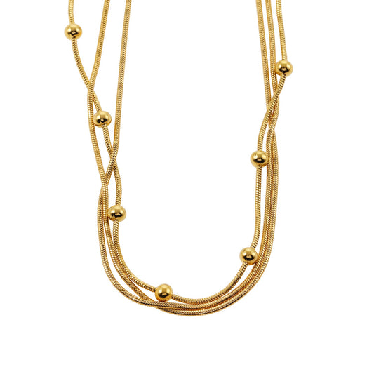 KAKIA: Triple Snake-Skin Chain Layered Necklace with Ball-Bead Accents