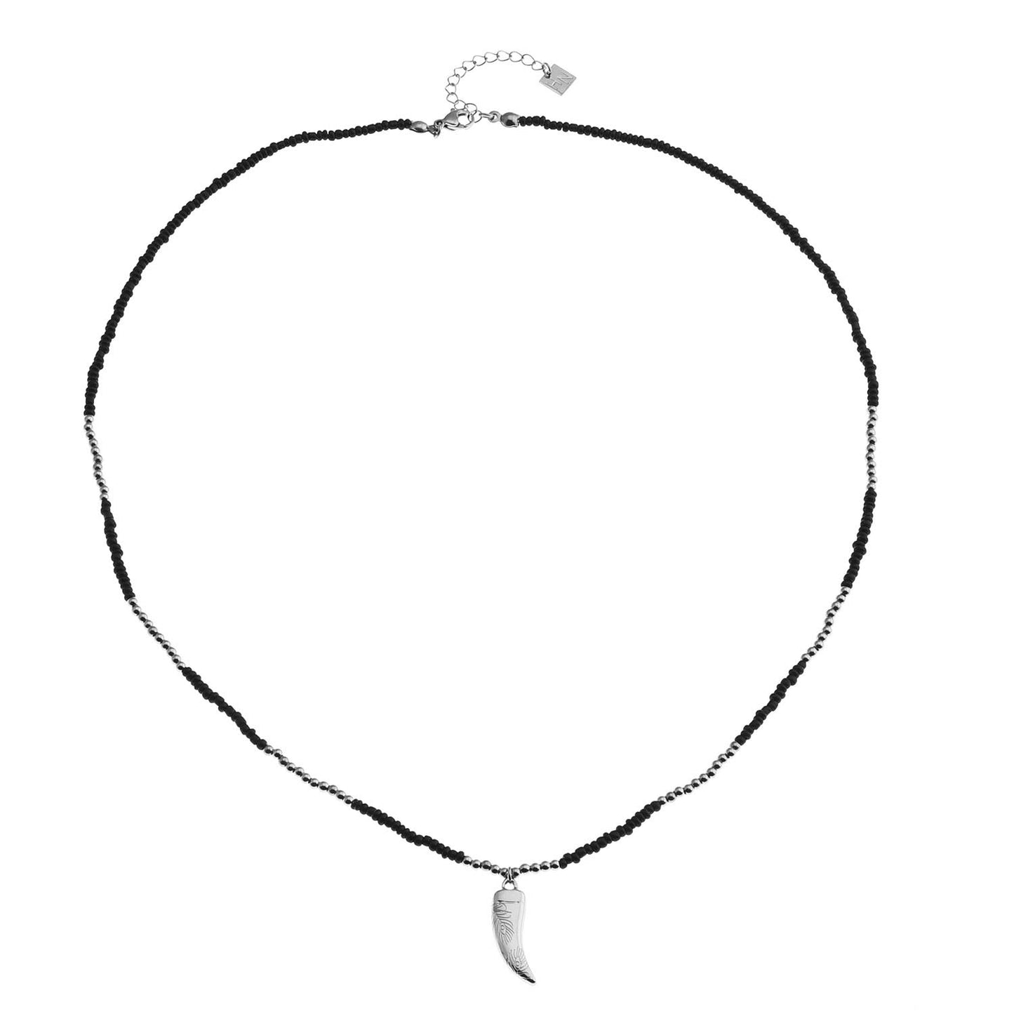 RITA Black & Silver Beaded Chain Necklace with Etched Silver Tooth Pendant