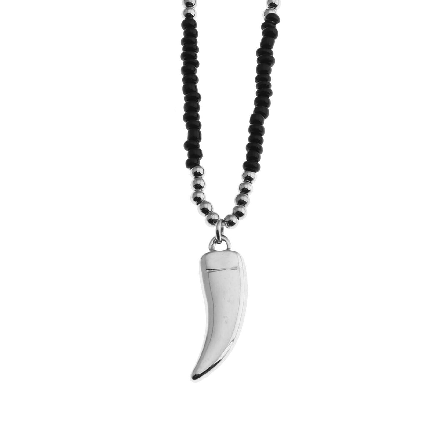 RITA Black & Silver Beaded Chain Necklace with Etched Silver Tooth Pendant