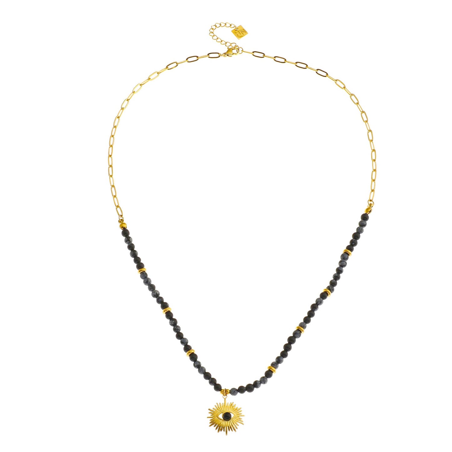 LILIANA Alabaster, Onyx & Gold Beaded Necklace with 'Evil Eye' Pendant