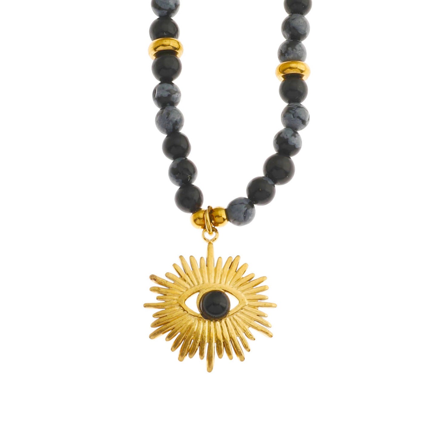 LILIANA Alabaster, Onyx & Gold Beaded Necklace with 'Evil Eye' Pendant