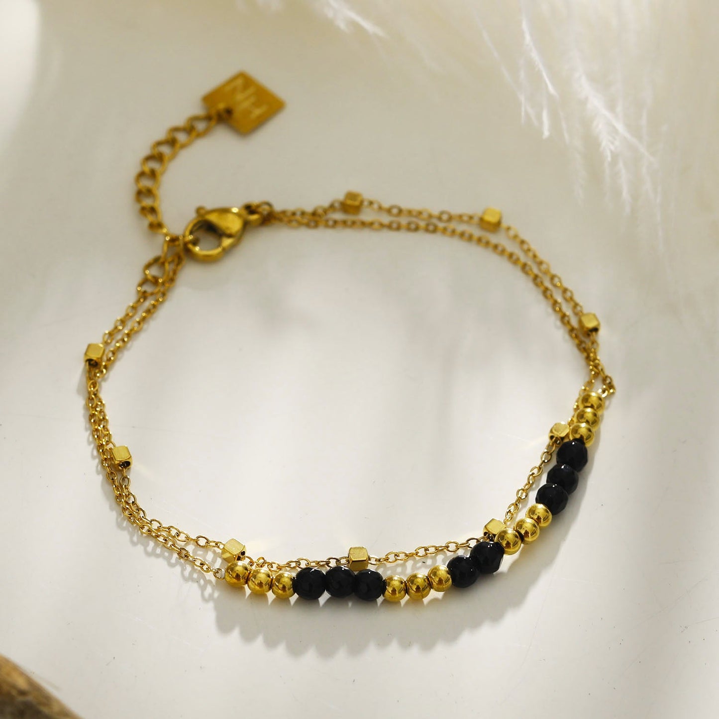 HILDA Two-in-One Square Beads & Round Beads in Black & Gold Bracelet.