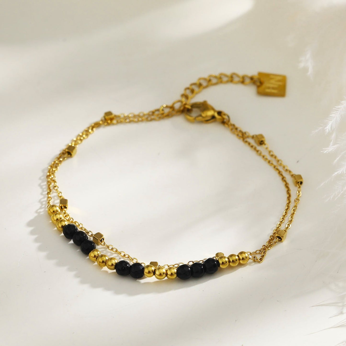 HILDA Two-in-One Square Beads & Round Beads in Black & Gold Bracelet.