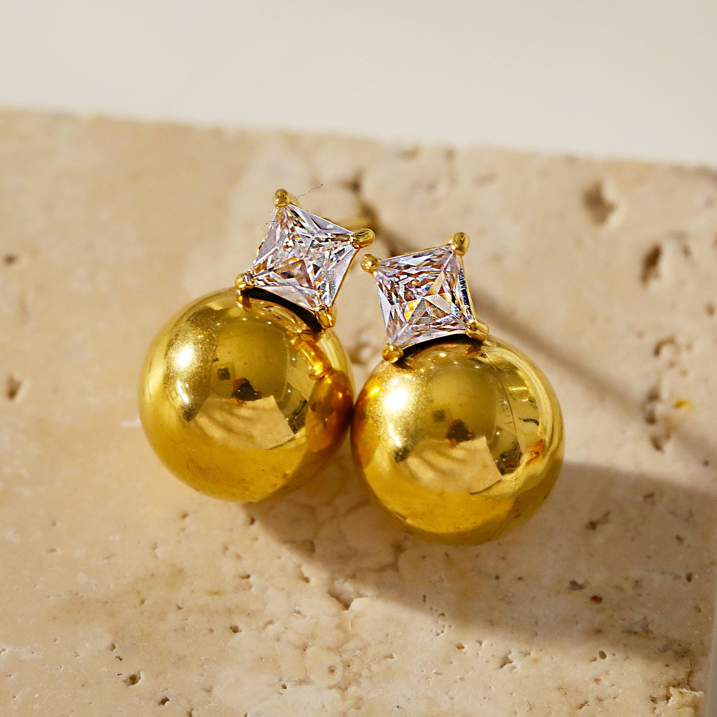 LETTA: Ball-Bead & Square Zirconia Stud Earrings