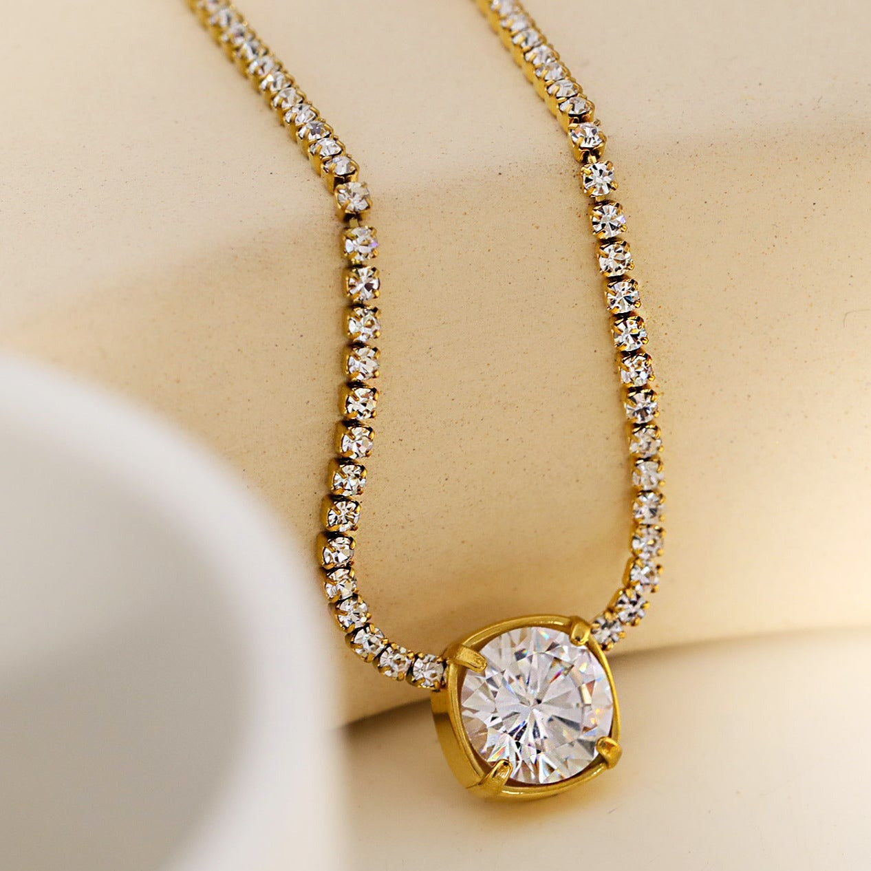 AURA: Bezel-Set Zirconia Pendant on a Mini-Zirconia Beaded Chain Necklace