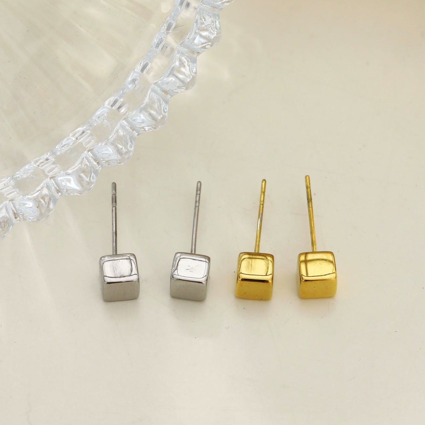 SYNNE: Square Bead Minimalist Stud Earrings in Gold & Silver