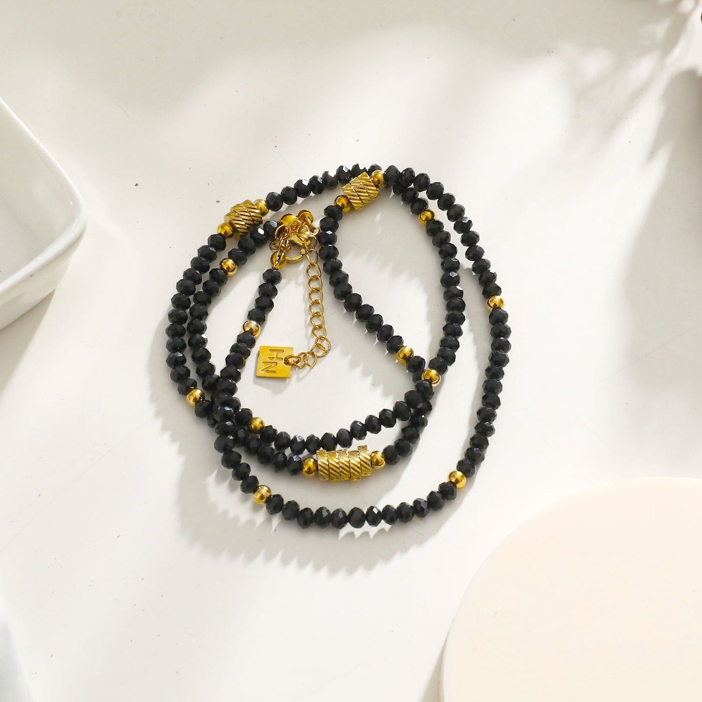 TATIANA Black Crystal & Gold Beaded Necklace