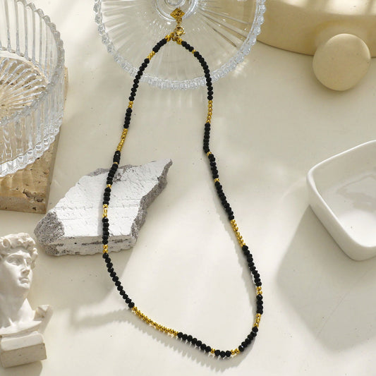 LINA Black Crystal and Gold Beads Chain Necklace