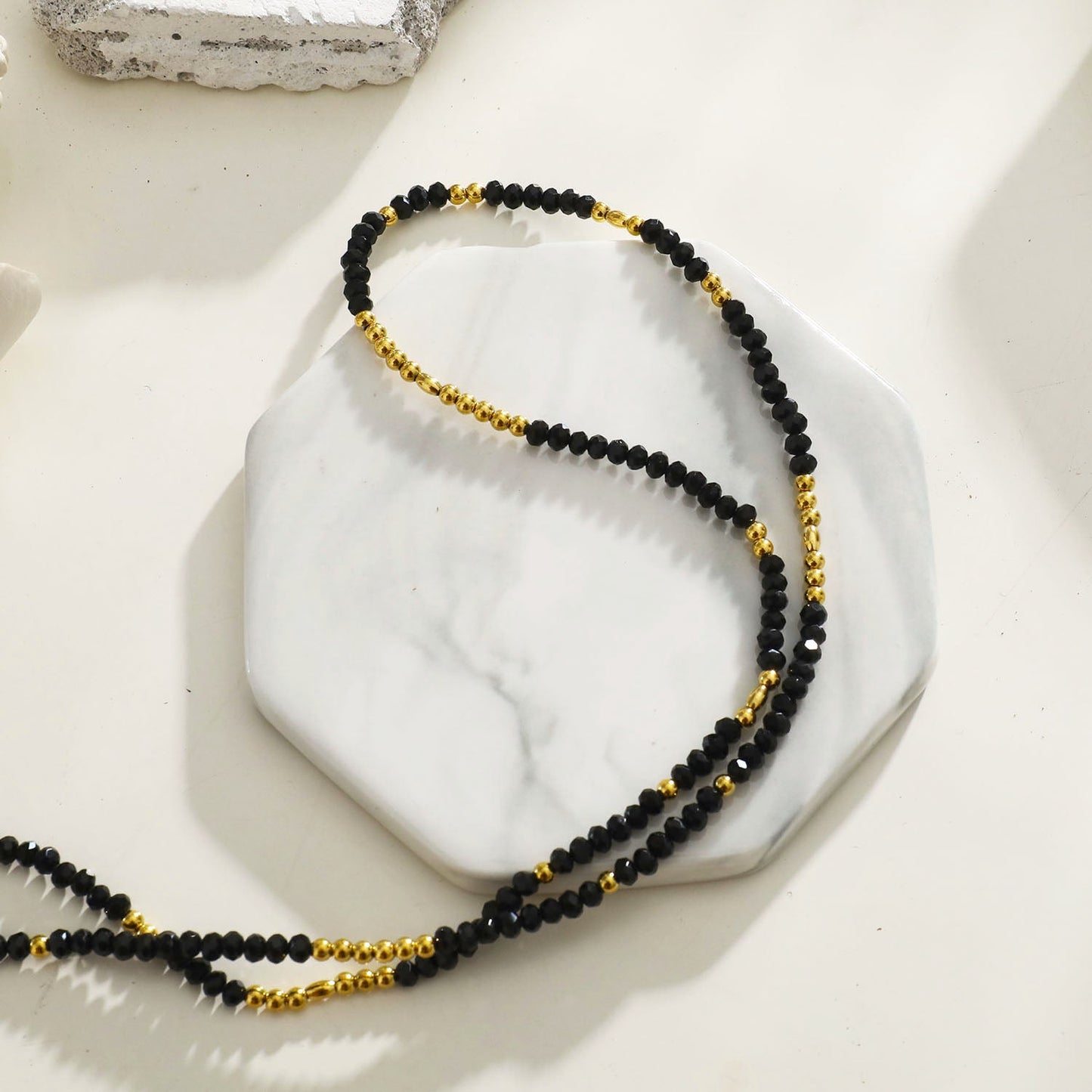 LINA Black Crystal and Gold Beads Chain Necklace
