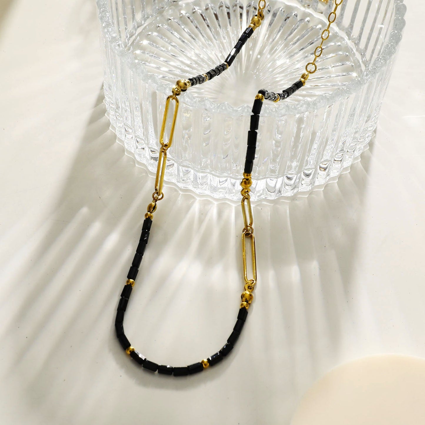 LORENA Black & Gold Beaded Paperclip Chain Necklace