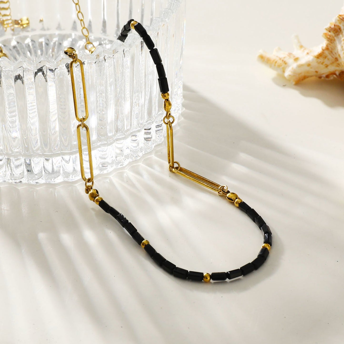 LORENA Black & Gold Beaded Paperclip Chain Necklace