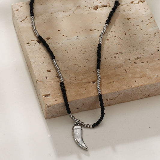 RITA Black & Silver Beaded Chain Necklace with Etched Silver Tooth Pendant