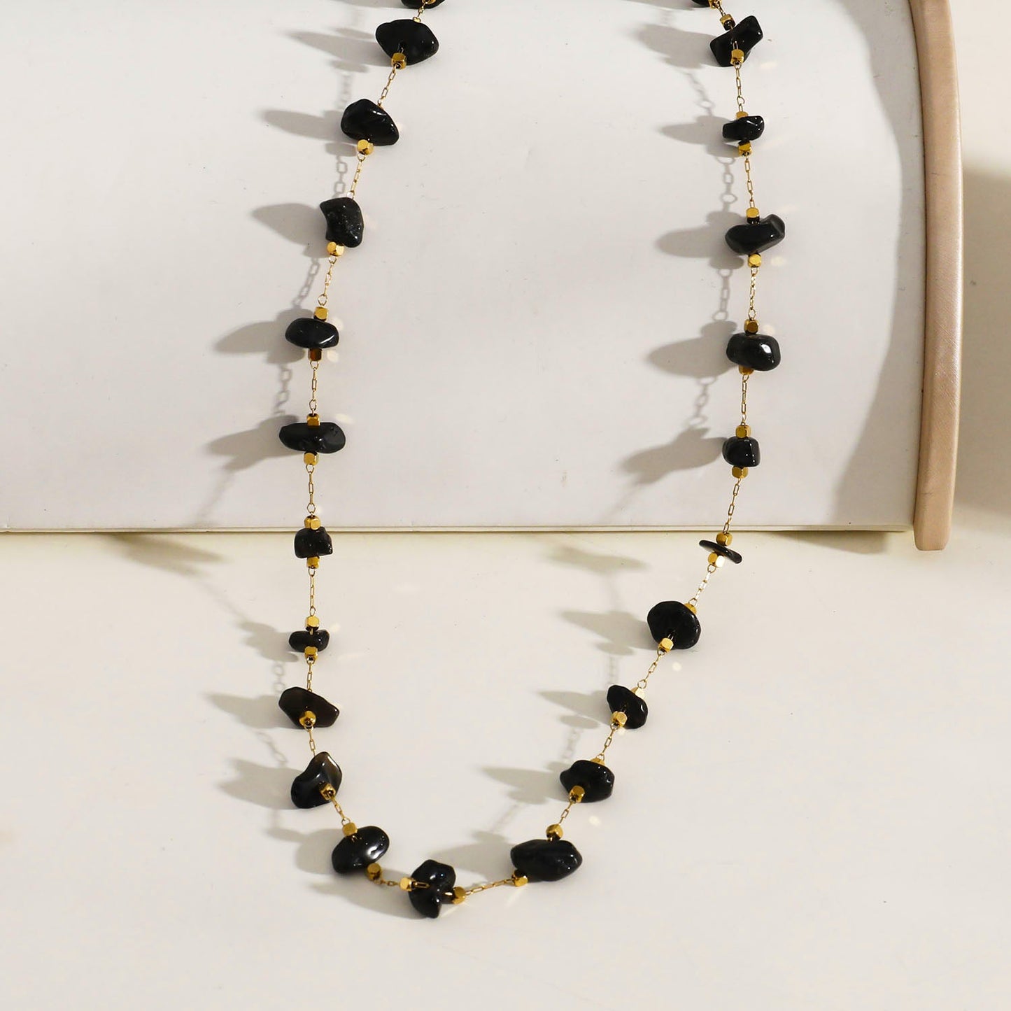 SARA Gold Square Mini Beads & Black Natural Stone Necklace