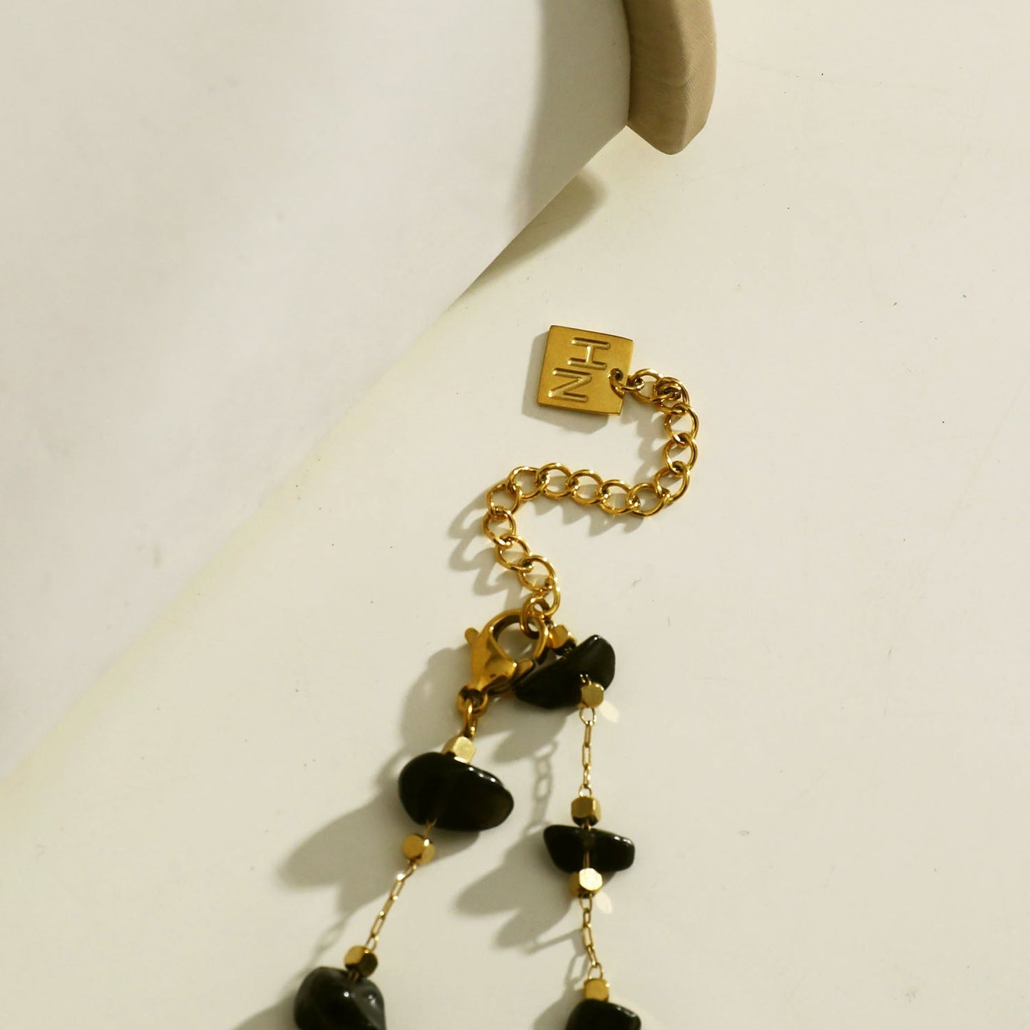 SARA Gold Square Mini Beads & Black Natural Stone Necklace