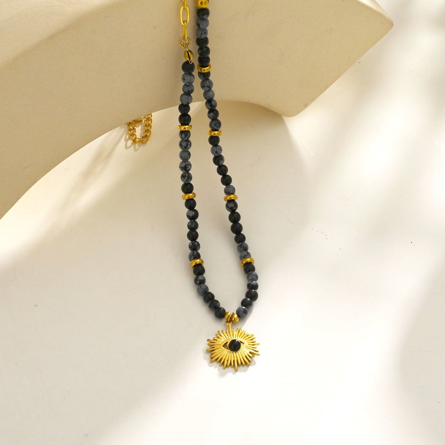 LILIANA Alabaster, Onyx & Gold Beaded Necklace with 'Evil Eye' Pendant