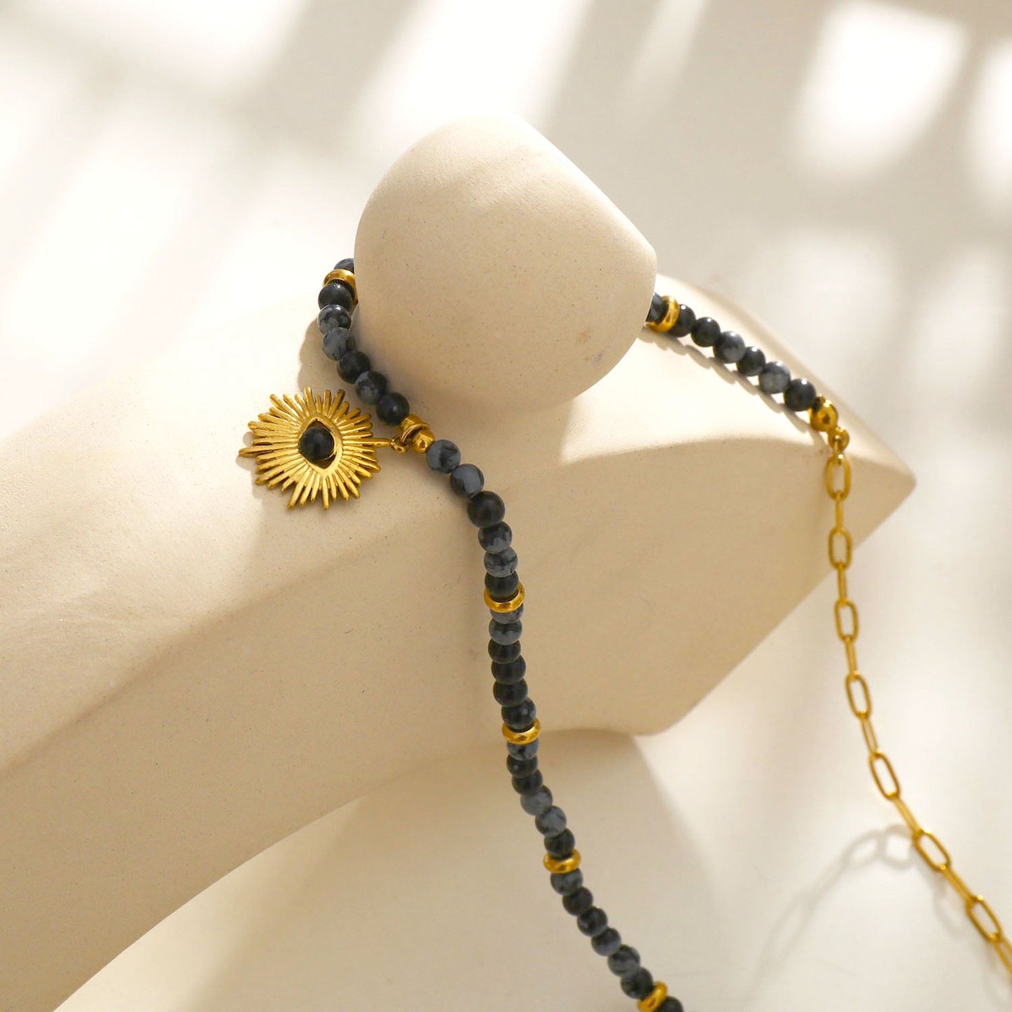 LILIANA Alabaster, Onyx & Gold Beaded Necklace with 'Evil Eye' Pendant