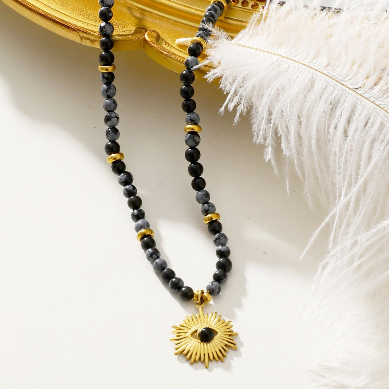 LILIANA Alabaster, Onyx & Gold Beaded Necklace with 'Evil Eye' Pendant