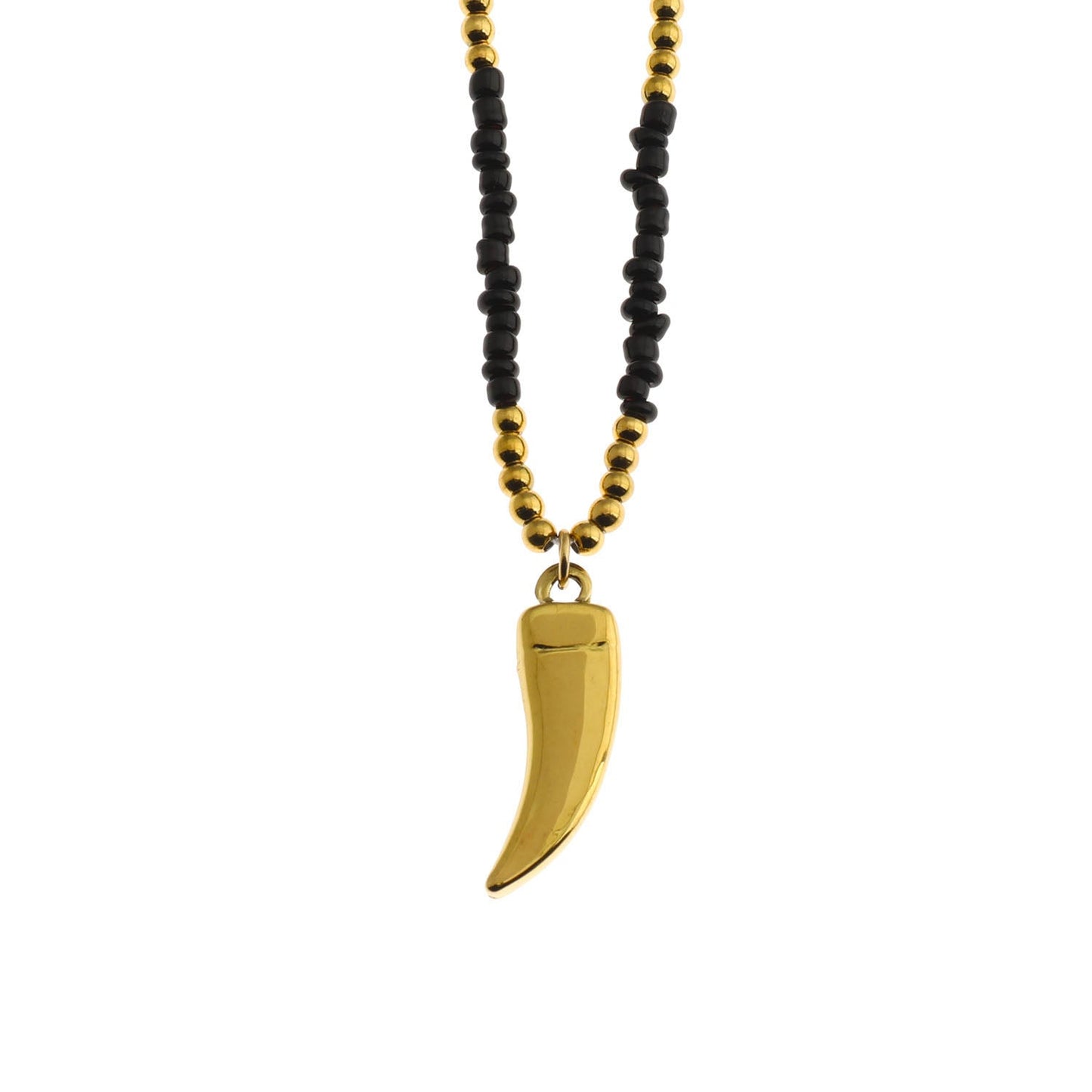 RITA Black & Gold Beaded Chain Necklace with Etched Gold Tooth Pendant