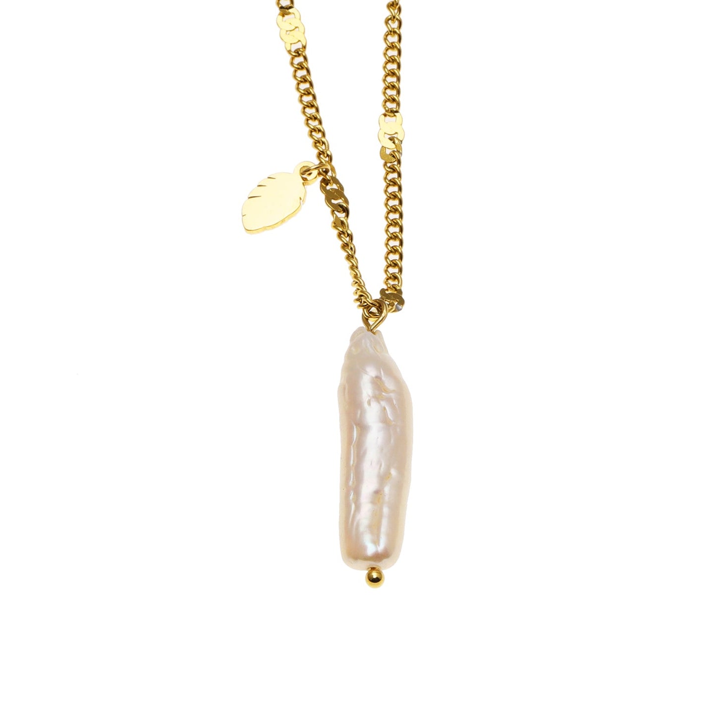 ANNECY: Nature Inspired Chic Chain Necklace Enhanced with Baroque Pearl and Leaf Charm