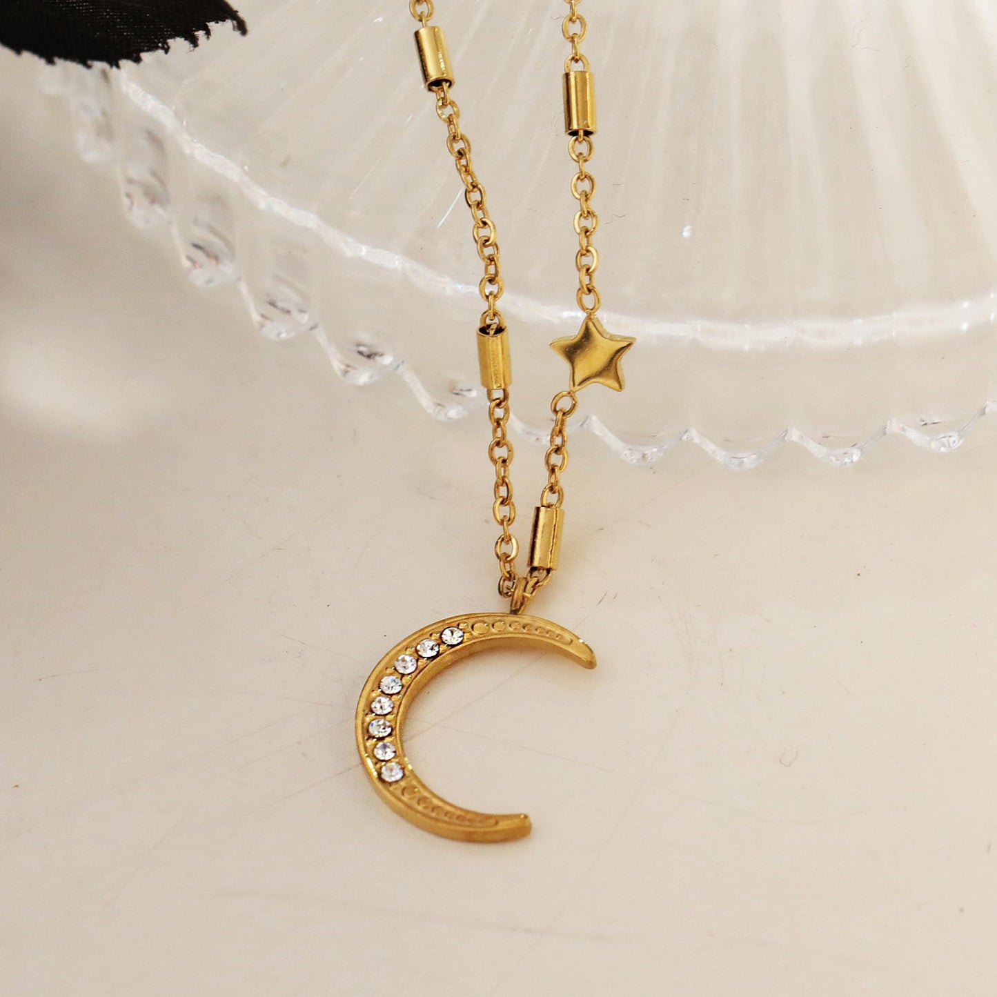 ALMERIA: Celestial Magic - Zirconia Embeded Crescent Moon and Star Necklace