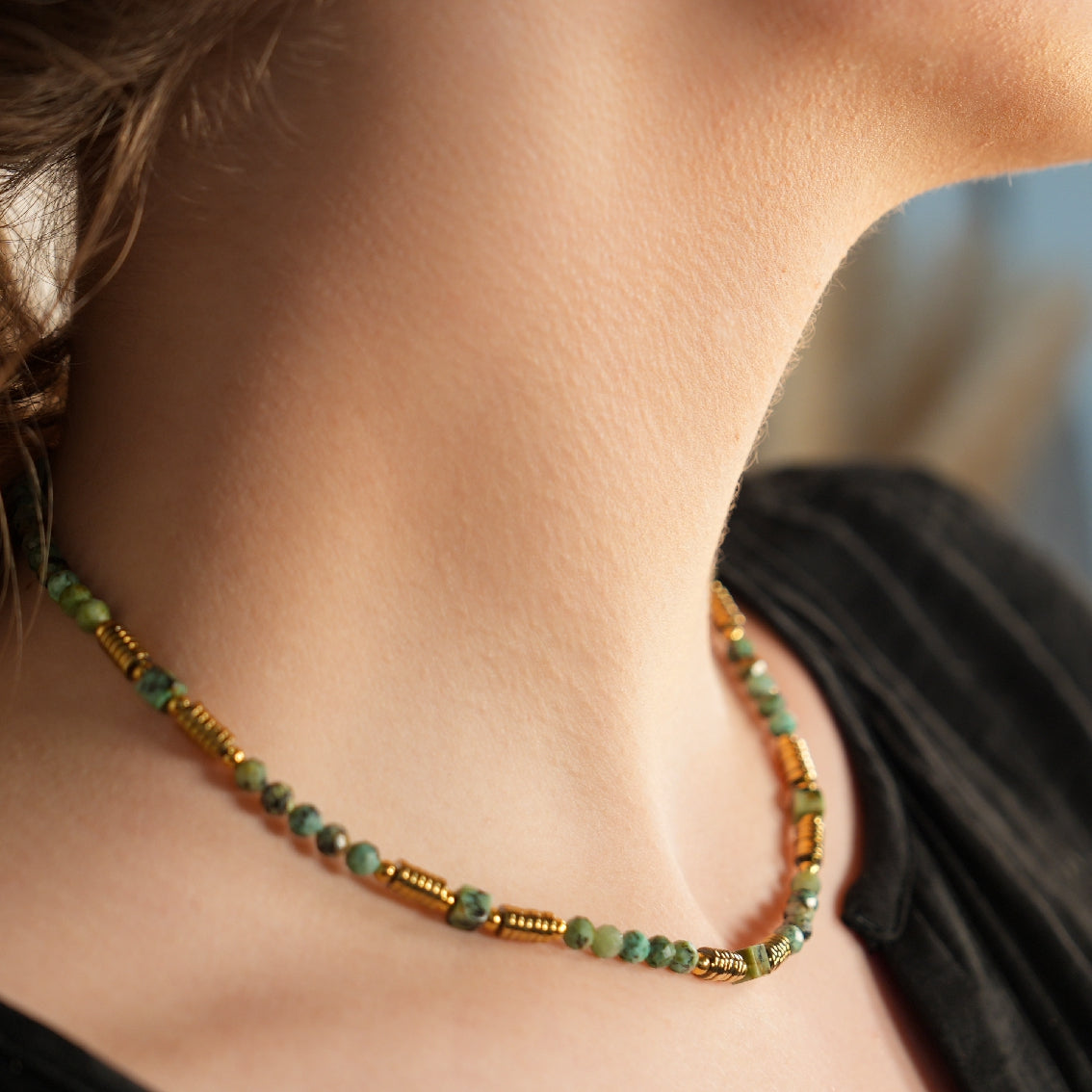 PHILIPPA: African Turquoise Stones and Gold Beaded Necklace