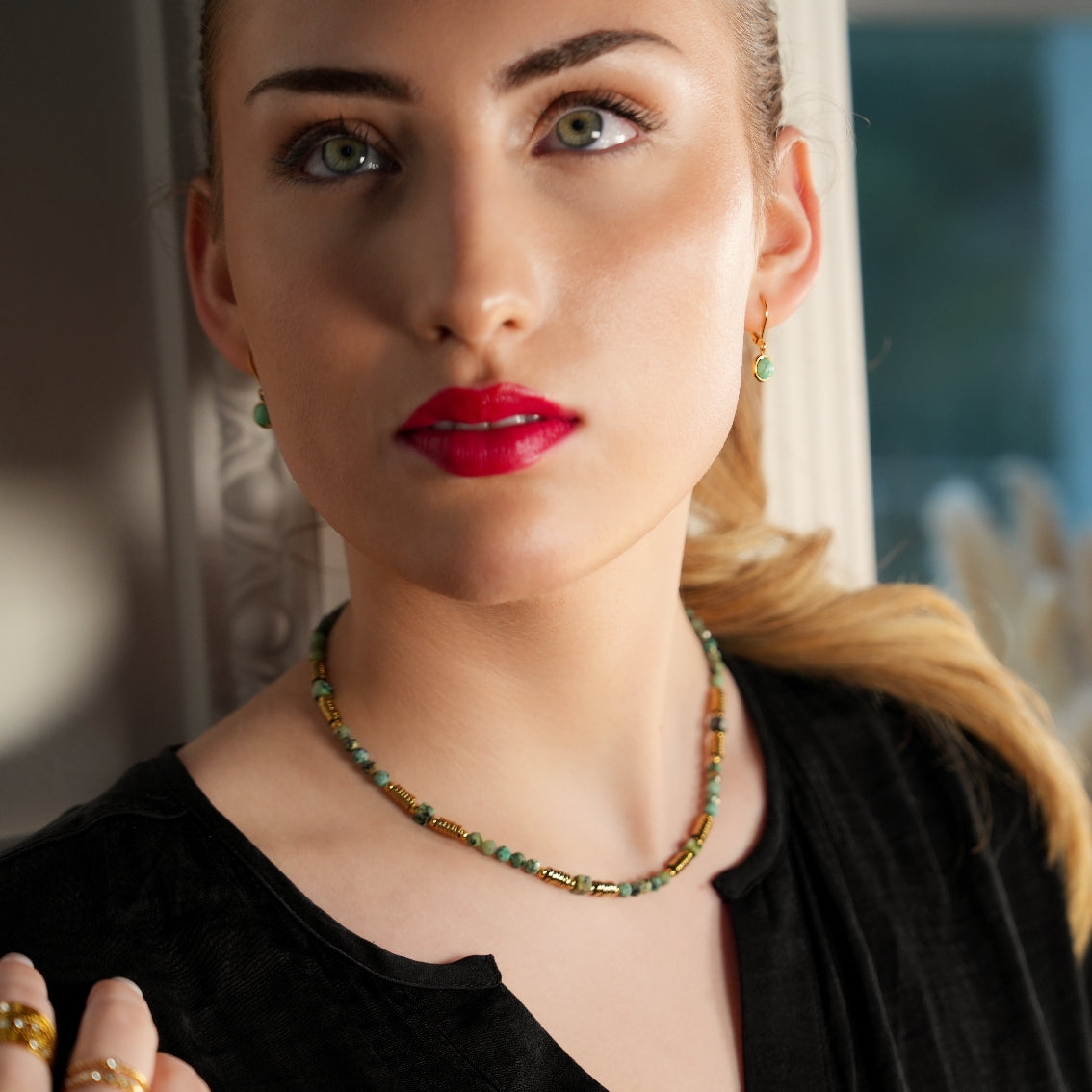 PHILIPPA: African Turquoise Stones and Gold Beaded Necklace