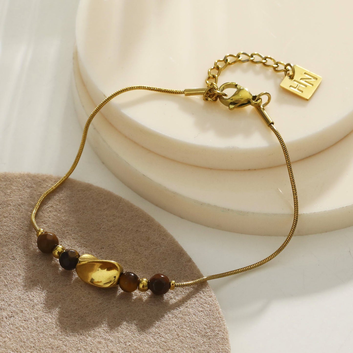 RIO Snake-Skin Textured Bracelet with Gold & Tiger's Eye Stone Charms