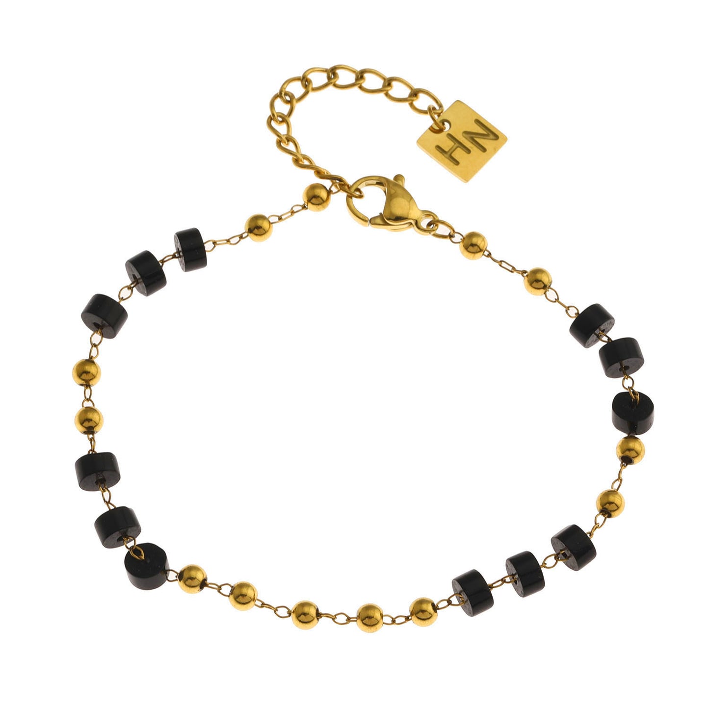 Style: ROSARIO 22108 Black Onyx and Gold Beaded Chain Bracelet.