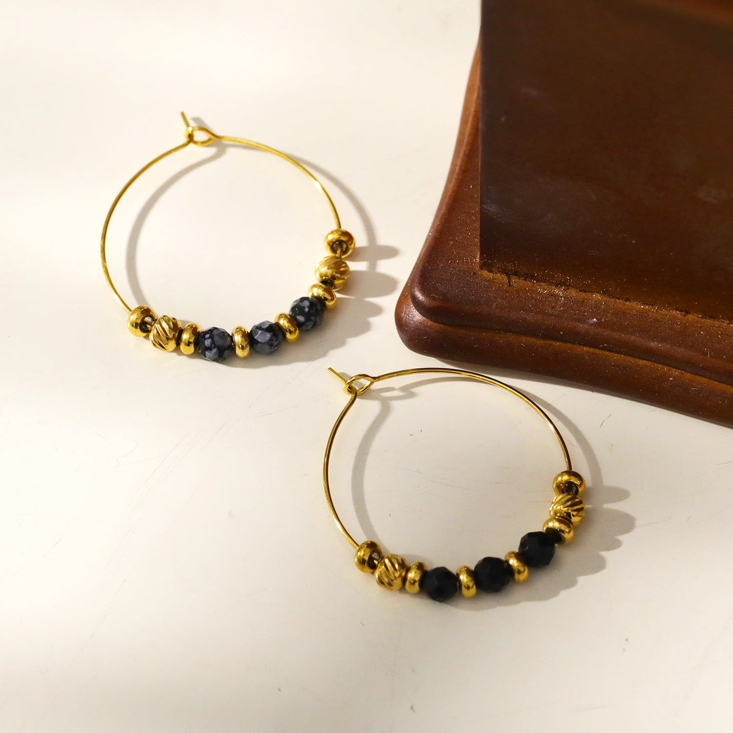 VESTA: Classic Round Hoop Earrings Anchoring Alabaser & Gold Charm Beads